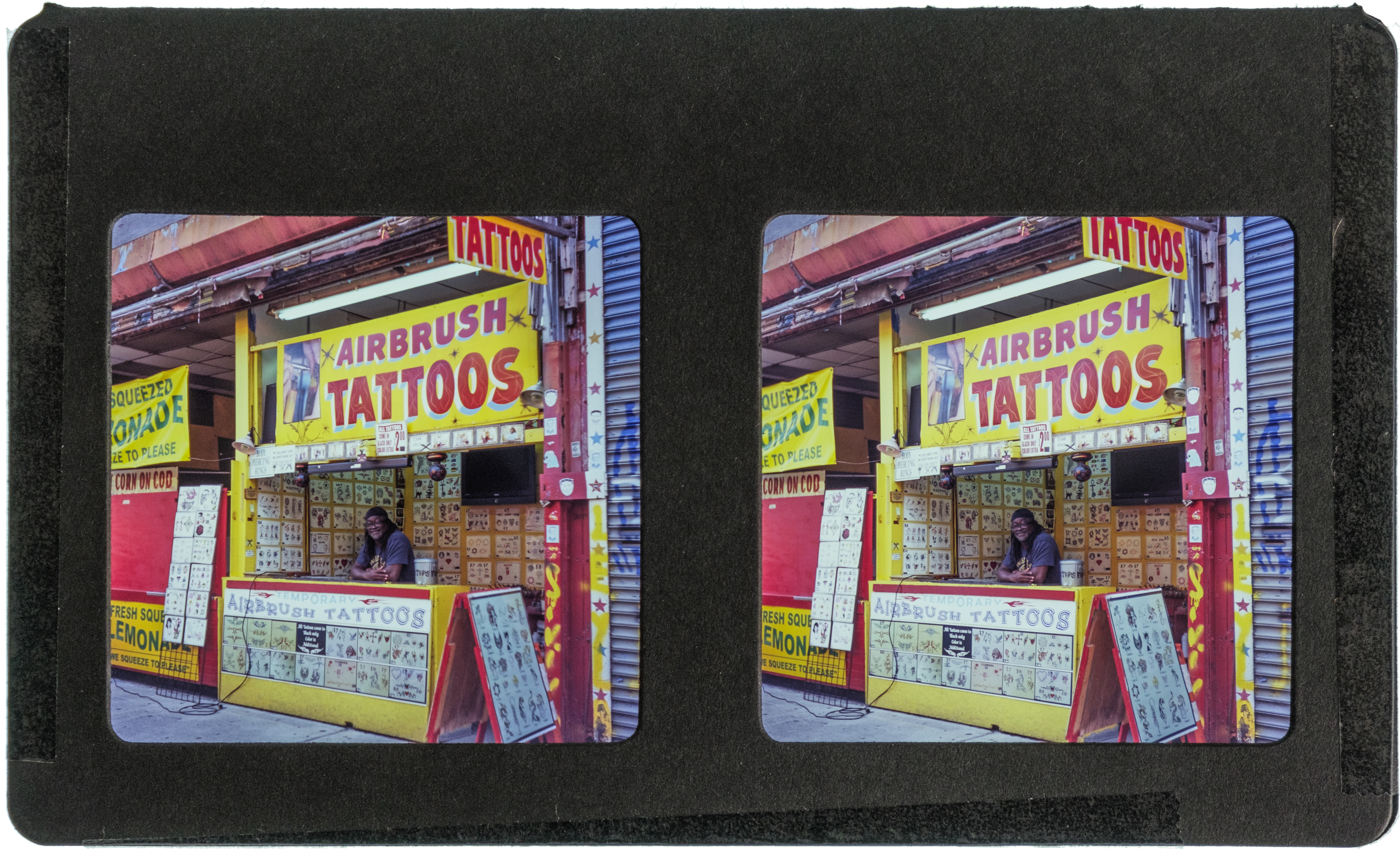 Example of a medium format stereo image made on Kodak Ektachrome 100  film.  The card is 6x13. Each frame is an individual 6x6 image.  