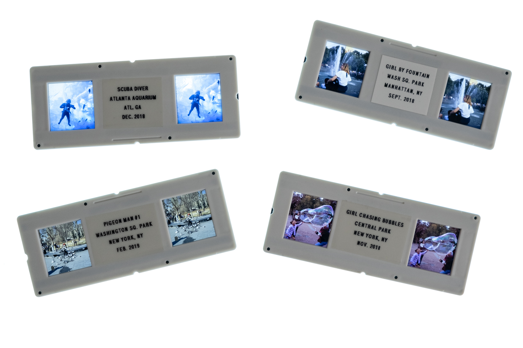 35mm stereo images shot on Kodak Ektachrome 100 film. The frames are cut and fit into the plastic mounts. The final stereo pair is inserted into a 3D viewer. 